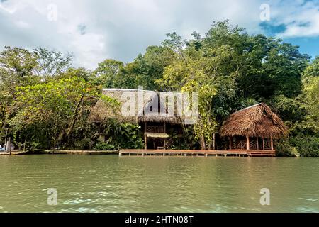 Tetto di paglia a casa sul Rio Dulce, Guatemala Foto Stock