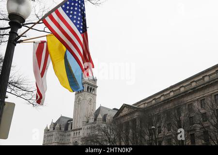 1 marzo 2022, Washington, Dastric of Columbia, USA: Le bandiere ucraine sono viste lungo la Pennsylvania Av a sostegno della gente ucraina, oggi il 01 marzo 2022 davanti all'International Trump Hotel a Washington DC, USA. (Credit Image: © Lenin Nolly/ZUMA Press Wire) Foto Stock