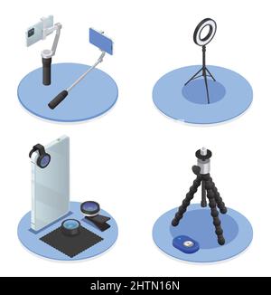Set isometrico di tecniche di fotografia e di ripresa video su supporti tondi blu illustrazione vettoriale isolata Illustrazione Vettoriale