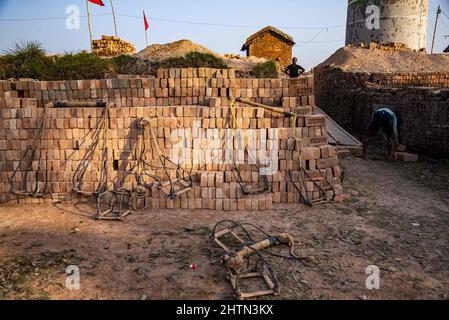 Kolkata, Bengala Occidentale, India. 12th Feb 2022. Momenti diversi di mattoni bruciati di argilla rossa processo di produzione del sub-continente indiano lato fiume. (Credit Image: © Amlan Biswas/Pacific Press via ZUMA Press Wire) Foto Stock