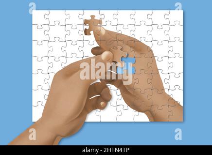 PUZZLE IRONICO-Un puzzle di una mano che tiene un puzzle pezzi è completato da una mano identica che tiene l'ultimo pezzo in un'illustrazione 3-d. Foto Stock