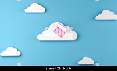 Notebook rosa su un cloud con altri cloud più piccoli, concetto di cloud computing, illustrazione 3D Foto Stock