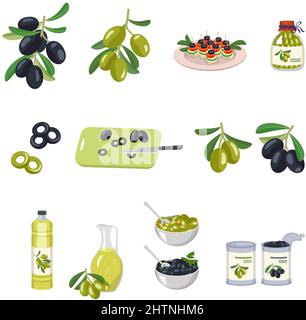 Set di olive greche. Aprire e chiudere la scatola in metallo e vetro, bacche in recipiente, olio d'oliva in bottiglia e caraffa, tagliere con coltello, fingerfood e snack su piatto. Illustrazione piatta vettoriale Illustrazione Vettoriale