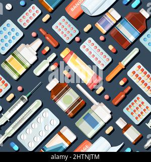 Farmaci modello senza soluzione di continuità. Illustrazione con le pillole. Concorrenza. Farmaci. Prodotti farmaceutici. Ambulanza. Farmacia. Sfondo scuro. Design piatto. Foto Stock