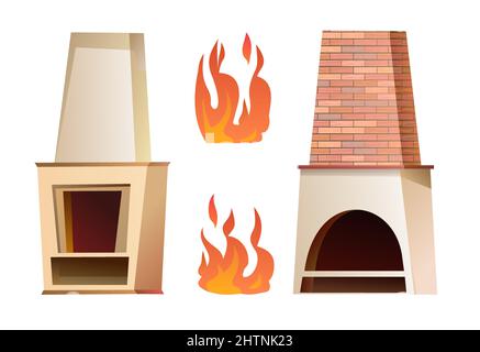 Set di Camino con camino e mantel per soggiorno. Forno antico per la cottura a fuoco. Casa focolare casa. Stile cartoon. Oggetto isolato su bianco Illustrazione Vettoriale