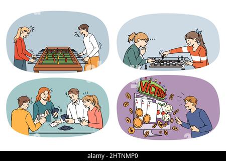 Set di bambini felici hanno divertimento a giocare con gli amici. Collezione di giochi per bambini adolescenti e gioco d'azzardo con scacchi e carte. Hobby e intrattenimento. Illustrazione vettoriale. Illustrazione Vettoriale