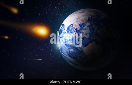 Grande asteroide che andrà a colpire pianeta Terra. Evento Cosmos spettacolare e probabilità di catastrofe di Astronomia Foto Stock