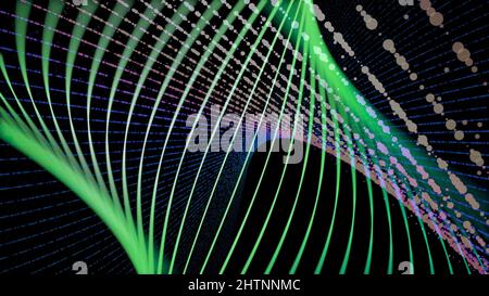 Linea di colore in movimento illuminazione astratta. Animazione. Tecnologia rete digitale di trasferimento dei dati concetto di progettazione, incandescente su sfondo nero loop senza interruzioni Foto Stock