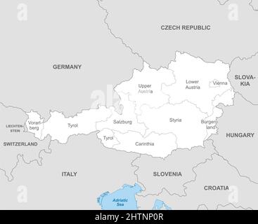 Carta politica dell'Austria con confini di regioni e paesi Illustrazione Vettoriale