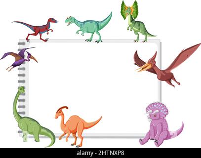 Gruppo di dinosauri intorno nota su sfondo bianco illustrazione Illustrazione Vettoriale