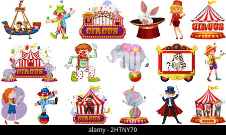 Set di personaggi del circo e illustrazione degli elementi del parco divertimenti Illustrazione Vettoriale