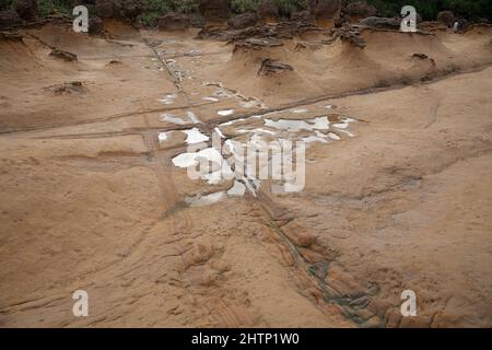 Strisce perpendicolari nelle rocce a Yehliu Geopark, New Taipei City, Taiwan, ROC Foto Stock