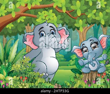 Cartoon bambino e madre elefante in una natura bella Illustrazione Vettoriale