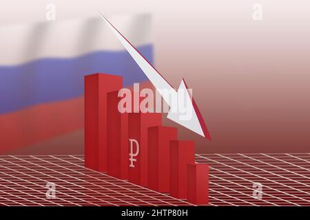 Grafico della caduta del rublo sullo sfondo della bandiera russa. Foto Stock