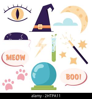 Una serie di icone con oggetti e simboli occulti, un occhio da vedere, un cappello da strega, una provetta con una pozione e altre cose mistiche. Misticismo Illustrazione Vettoriale