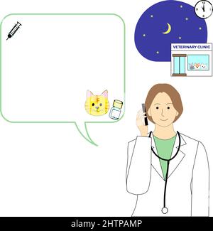 Scena notturna della clinica veterinaria con un fumetto vocale e una donna veterinaria su un cellulare Illustrazione Vettoriale