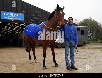 Traduzione di cavalli durante una visita al Colin Tizzard e al cantiere di Joe Tizzard presso la Spurles Farm, Somerset. Data foto: Mercoledì 2 marzo 2022. Foto Stock