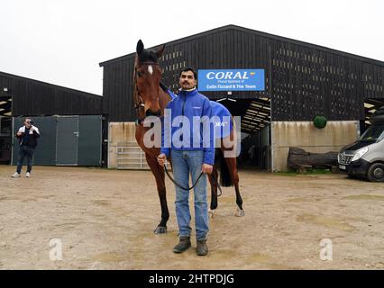 Traduzione di cavalli durante una visita al Colin Tizzard e al cantiere di Joe Tizzard presso la Spurles Farm, Somerset. Data foto: Mercoledì 2 marzo 2022. Foto Stock