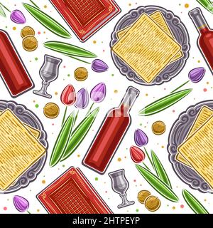 Vector Passover Seamless Pattern, sfondo quadrato ripetitivo con set di illustrazioni ritagliate simboli di passaggio, calice d'argento, bottiglia di vino rosso, spri Illustrazione Vettoriale