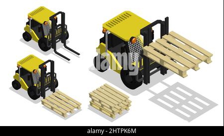 Carrello elevatore isometrico per spostare le merci all'interno del magazzino. Trasporto per lo scarico e il trasporto di scatole pesanti. Vettore realistico 3D isolato su bac bianco Illustrazione Vettoriale