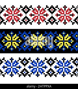 Set di tre tradizionali motivi etnici ucraini modificabili senza cuciture per ricamo. Ornamenti vintage floreali e geometrici. Vettore Illustrazione Vettoriale