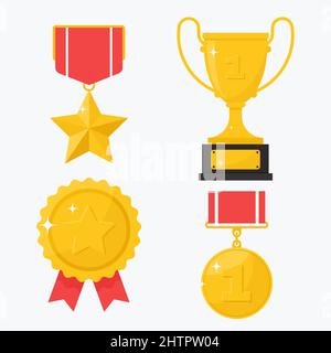 Collezione di premi Gold Champions, trofei, premi. Medaglia, tazza e badge. Illustrazione del vettore piatto, isolato su sfondo bianco Illustrazione Vettoriale