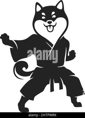 Shiba Dog indossa uniformi d'arte marziale che eseguono posizioni di Karate Illustrazione Vettoriale