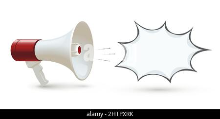 Illustrazione vettoriale di annuncio di affari di bolla di parola e del megafono. 3d altoparlante pubblico con dima di avviso per testo, altoparlante Illustrazione Vettoriale