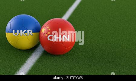Partita di calcio Ucraina vs Cina - sfere di pelle in Ucraina e Cina colori nazionali. 3D rendering Foto Stock