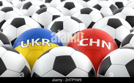 Partita di calcio Ucraina vs Cina - sfere di pelle in Ucraina e Cina colori nazionali. 3D rendering Foto Stock
