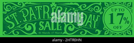 modello banner vendita giorno st patricks. tipografia retrò vintage su sfondo verde. Giorno di San Patrizio. Trifoglio di foglie di shamrock. Illustrazione vettoriale. Illustrazione Vettoriale