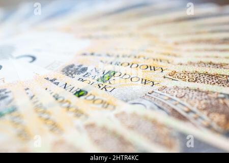 Concetto di politica monetaria polacca duecento banconote polacche Zloty PLN Mint Condition Foto Stock