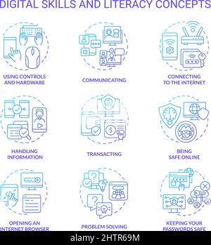 Alfabetizzazione digitale e competenze icone blu del concetto gradiente impostato Illustrazione Vettoriale