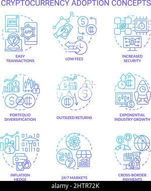Adozione criptovaluta icone del concetto di gradiente blu impostate Illustrazione Vettoriale