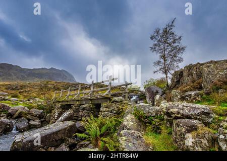 Ponte di legno che conduce al Parco Nazionale Snowdonia di montagna, Galles del Nord. Foto Stock