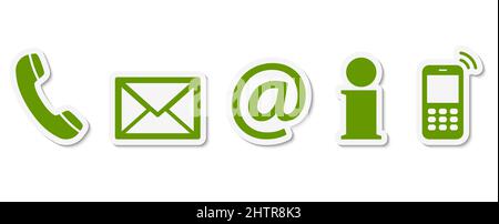 Contattaci - set di verde le icone colorate con cornice bianca e ombra Illustrazione Vettoriale