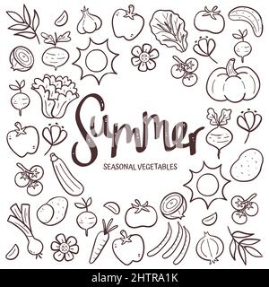 Sfondo di verdure di stagione. Composizione di verdure estive disegnate a mano con icone vettoriali di doodle, isolate su sfondo bianco. Illustrazione Vettoriale