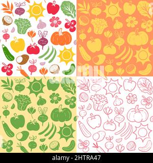 Collezione di verdure stagionali estive senza cuciture. Silhouette colorata e piatta e stile doodle. Verdure isolate su sfondo bianco. Vettore il Illustrazione Vettoriale