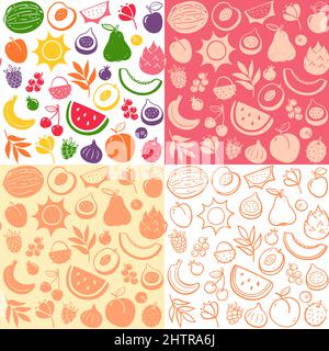 Variopinti frutti di stagione estivi dal motivo senza cuciture. Frutta isolata su sfondo bianco. Silhouette colorata e piatta e stile doodle. Illustrazione vettoriale Illustrazione Vettoriale