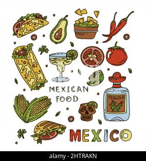 Cucina messicana, set di cibi a base di barbatella vettoriale. Piatti nazionali speziati, fast food, snack. Illustrazione dello schizzo per il ristorante, il menu, la caffetteria. Fiesta mexicana Illustrazione Vettoriale