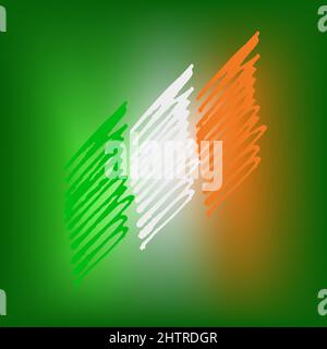 Bandiera irlandese tricolore, disegno marcatore colorato, neon su sfondo verde. CopySpace. Flag of Ireland Vector design element Illustrazione Vettoriale