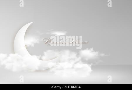Luna di Crescent arabo simbolo islamico Ramadan Kareem nel cielo concetto per la comunità musulmana festival. Illustrazione vettoriale del modello di banner su cielo bianco Illustrazione Vettoriale
