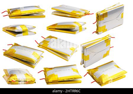 Set di batterie agli ioni di litio doppie rigonfie isolate su sfondo bianco Foto Stock