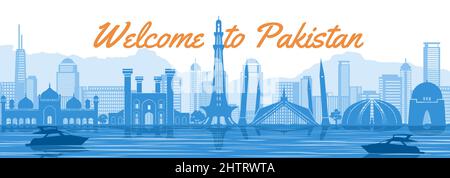 Pakistan famoso punto di riferimento con disegno di colore blu e bianco, illustrazione vettoriale Illustrazione Vettoriale