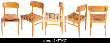 Modello di vecchia sedia in legno dalla Polonia con diversi lati. Sedile morbido con strisce. Foto Stock