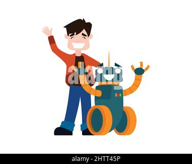 Un ragazzo e Robot saluto con Happy Expression Illustration Vector Illustrazione Vettoriale