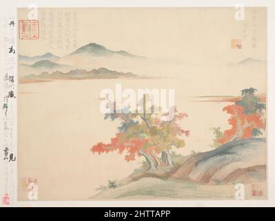 Art Inspired by Autumn Landscape, 明/清 項聖謨 秋景圖 冊頁, Qing Dynasty (1644–1911), databile al 1654–55, China, Leaf da un album collettivo di molte foglie; inchiostro e colore su carta, 9 3/4 x 13 pollici (24,8 x 33 cm), dipinti, Xiang Shengmo (cinese, 1597–1658), questo dipinto e il suo accompagnamento, opere classiche modernizzate da Artotop con un tuffo di modernità. Forme, colore e valore, impatto visivo accattivante sulle emozioni artistiche attraverso la libertà delle opere d'arte in modo contemporaneo. Un messaggio senza tempo che persegue una nuova direzione selvaggiamente creativa. Artisti che si rivolgono al supporto digitale e creano l'NFT Artotop Foto Stock