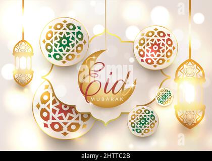 3D moderno banner islamico in monotono d'oro. Visualizza biglietto d'auguri con lanterna e luci Ramadan, luna di metallo e portale moschea. Calli Illustrazione Vettoriale