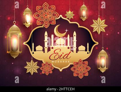 EID Mubarak, al adha, al fit, ramadan, moschea 3D illuminazione disegno sfondo con lanterna stella luna Vector illustrazione per biglietto d'auguri, poster e. Illustrazione Vettoriale