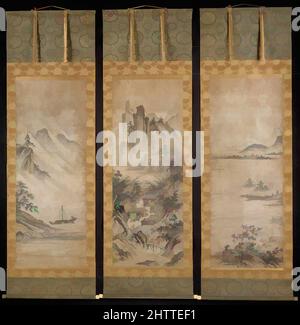 Arte ispirata da otto viste di Xiao e Xiang, periodo Muromachi (1392-1573), 16th secolo, Giappone, Hanging scroll; inchiostro e colore su carta, 60 7/8 x 23 1/4 pollici (154,6 x 59,1 cm), dipinti, il tema delle otto viste dei fiumi Xiao e Xiang celebra la risposta emotiva dell'uomo a, opere classiche modernizzate da Artotop con un tuffo di modernità. Forme, colore e valore, impatto visivo accattivante sulle emozioni artistiche attraverso la libertà delle opere d'arte in modo contemporaneo. Un messaggio senza tempo che persegue una nuova direzione selvaggiamente creativa. Artisti che si rivolgono al supporto digitale e creano l'NFT Artotop Foto Stock